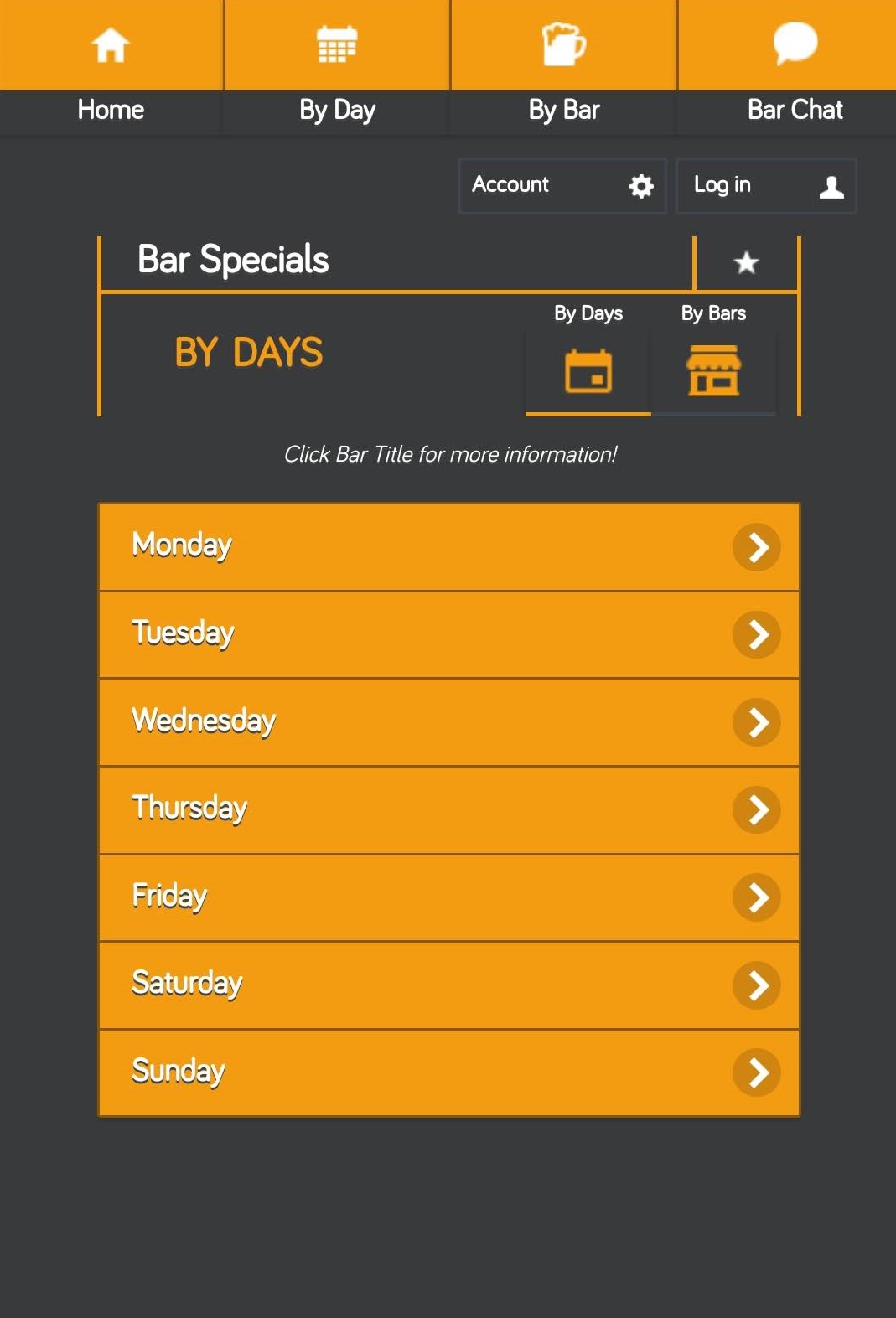 Mobile Application Development Bar Specials by day 