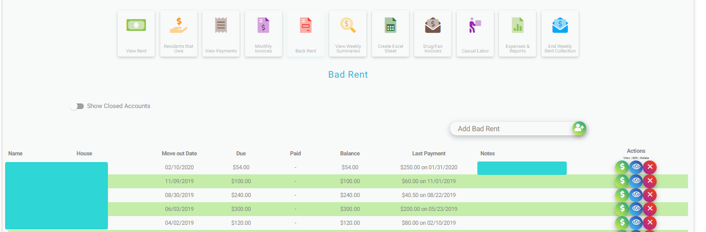 Recovery Housing Manager Web Application past due rent 