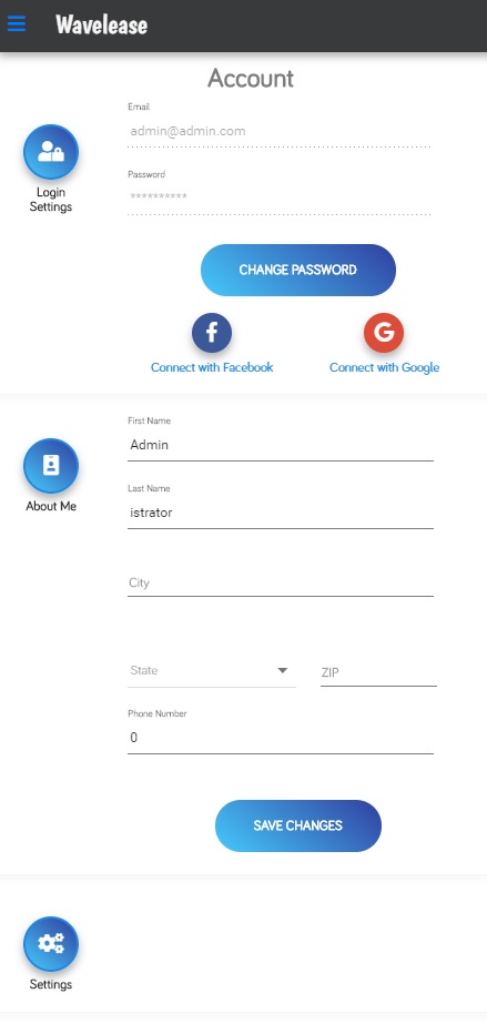 Vehicle rental mobile app account settings 